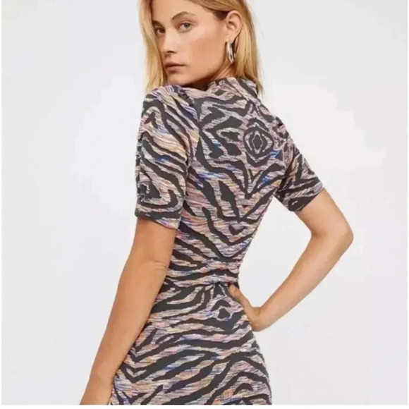Free People Large Women's Take Me Out Jacquard Mini Dress Dark Grey Short Sleeve - Picture 8 of 9
